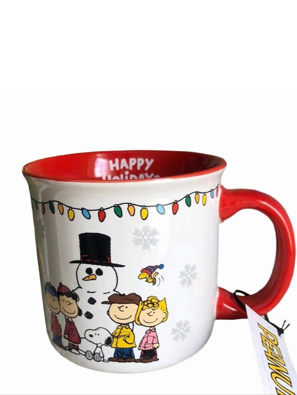 NEW Peanuts Holiday Snowman Mug Snoopy, Charlie Brown, Woodstock with Red Handle